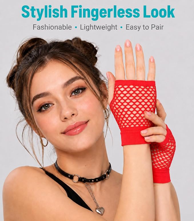 Seeksmile Women's Girls 80's Theme Party Emo Fingerless Arm Fishnet Gloves - Image 3