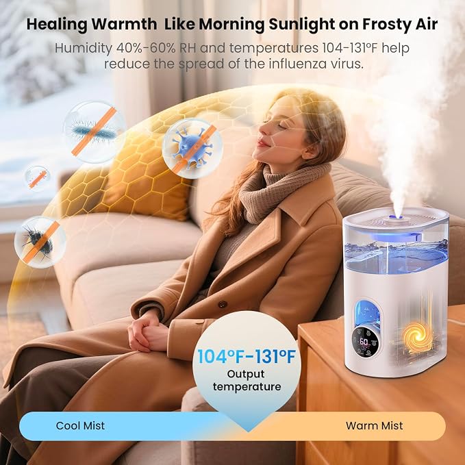 Humidifiers for Bedroom Large Room Home - GloryAir 6L Quiet Top Fill Cool & Warm Mist Humidifier with Smart Humidity Control, Remote Control, 7-Color Light, Humidistat, Oil Diffuser - Image 2