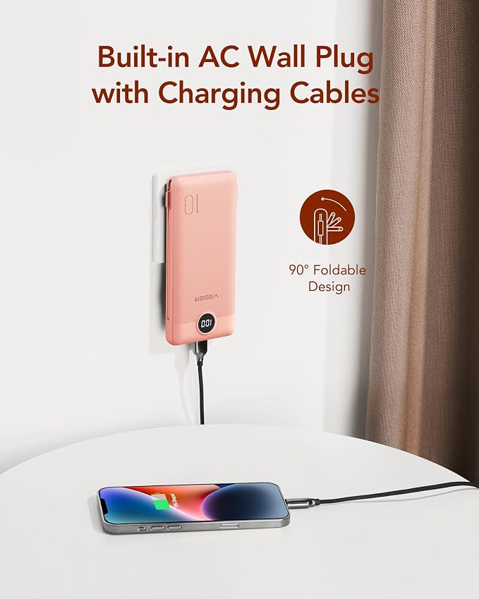 VEGER Portable Charger with Built-in AC Plug and Cables, All in One 10000mAh Ultra Slim Power Bank Travel Essentials, Fast Charging Battery Pack Compatible with iPhone, Samsung, More(Dark Pink) - Image 3