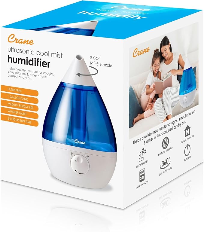 Crane Ultrasonic Cool Mist Teardrop Humidifier for Baby Nursery, Bedroom, Office, Large Room, Adjustable Humidity, Auto Shut-Off, Easy Clean Blue & White 1 Gallon - Image 8