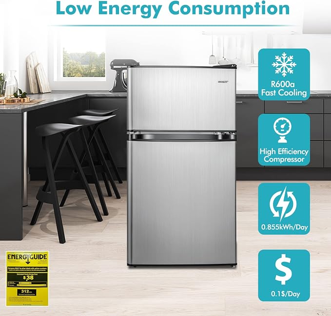 COSTWAY 3.2 Cu.Ft. Mini Fridge with Freezer, 2 Door for Office Bedroom Dorm | Compact Small Refrigerator with Reversible 2 Door, Adjustable Thermostat, Removable Glass Shelves for Food & Drink, Silver - Image 4