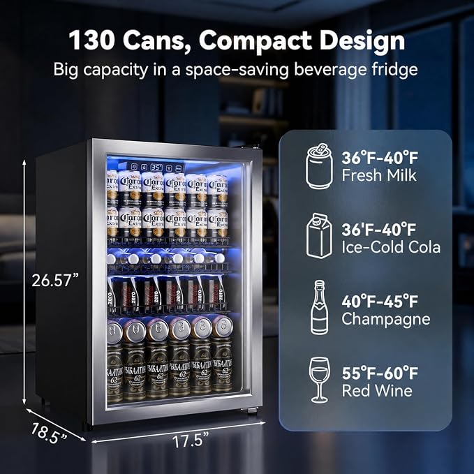 Beverage Refrigerator, 2.47 Cu.Ft Mini Fridge Beverage Cooler | Glass Door, 35–65°F Digital Temperature Display, Adjustable Shelves, Beverage Fridge for Soda, Beer & Wine - Image 2