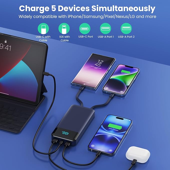 Portable Charger Power Bank 40800mAh with 3 Built-in Cables,25W Fast Phone Charging Portable Battery Pack,5 Outputs Travel Essentials Outdoor External Battery for iPhone 17/16,Galaxy Android etc-Blue - Image 5