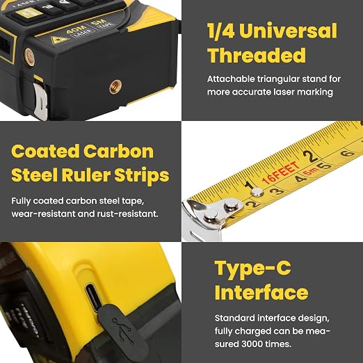 4-in-1 Laser Tape Measure with Level and Crosshairs, 16FT AutoLock Measuring - Image 7