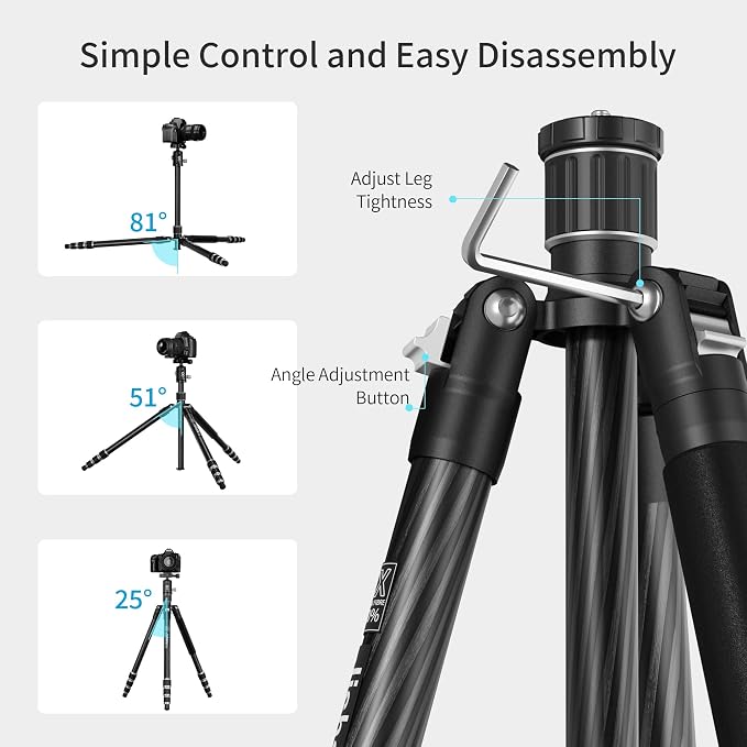 Carbon Fiber Camera Tripod, 1/4" Arca QR Plate, Compact Lightweight Travel - Image 8