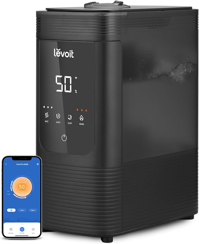 LEVOIT 6L Smart Warm and Cool Mist Humidifiers for Home Bedroom, 60H Runtime and Auto Customized Humidity for Large room, Schedule, Easy Top Fill, Essential Oil Diffuser, Whisper-Quiet, Handle, Black by Levoit