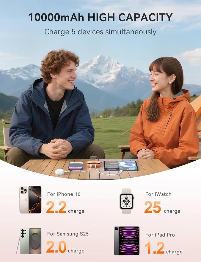 Portable Charger, 10000mAh 22.5W Fast Charging Power Bank with Built-in Cables, Travel Essentials Battery Pack with LED Display for iPhone, Portable iWatch Charger for 11/10/9/8/7/6/5/SE/Ultra Orange - Image 5