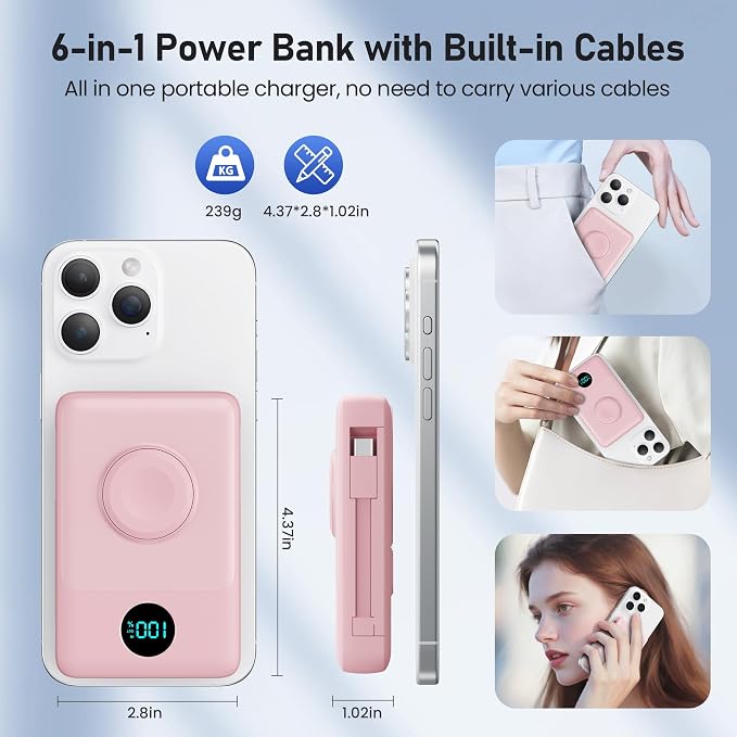 Magnetic Portable Charger for MagSafe with Built-in Cable,iWatch Charger,10800mAh Wireless Power Bank Travel Essentials,25W PD Fast Charging Battery Pack for iPhone 17/16/15/14/13/12,Apple Watch-Pink - Image 9