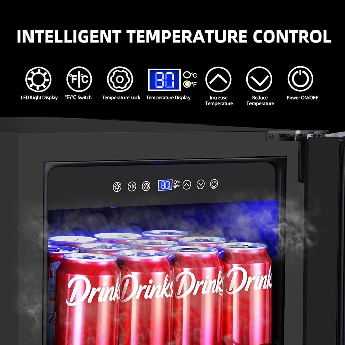 ORYMUS 15 Inch Beverage Refrigerator, 130 Cans Drink Fridge with Glass Door & Lock, Under Counter or Freestanding Beverage Cooler for Soda, Beer & Water, Upgraded Quiet Compressor, Memory Temp, Black - Image 3