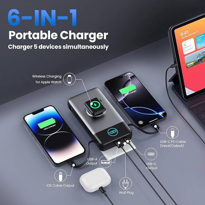 Portable Charger for iPhone with Built-in Cables and AC Wall Plug,Upgraded 40800mah Fast Charging USB C Power Bank,25W PD Travel Essentials Battery Pack for iPhone 17/16/15/14/13,Galaxy,Apple Watch - Image 3