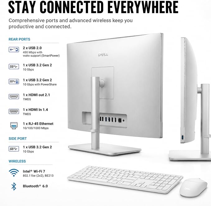 Dell 23.8" All-in-One Desktop Computer, FHD Touchscreen, Intel Core Ultra 7 Series 3 Processor, Copilot+ PC, 32GB DDR5 RAM, 2TB PCIe SSD, Wi-Fi 6E, Bluetooth 5.3, Windows 11 PRO, Wireless KB & Mouse - Image 7