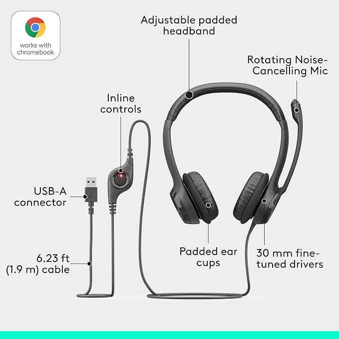 Logitech H390 Wired Headset PC/Laptop Stereo Headphones - Black | For PC/Laptop, stereo headphones, microphone, in-line controls, works with Chromebook - Image 6