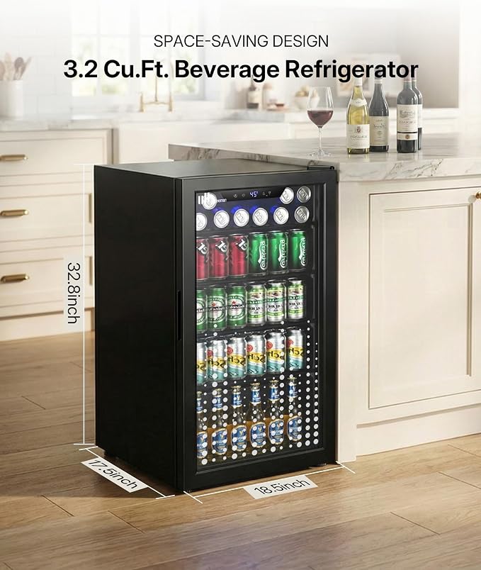 Upstreman 3.2 Cu.Ft Beverage Cooler, 126 Can Drink Fridge with Glass Door | Mini Beverage Fridge for Soda Wine Beer, Adjustable Temperature Control, Beverage Refrigerator for Home, Bar, Office - Image 2