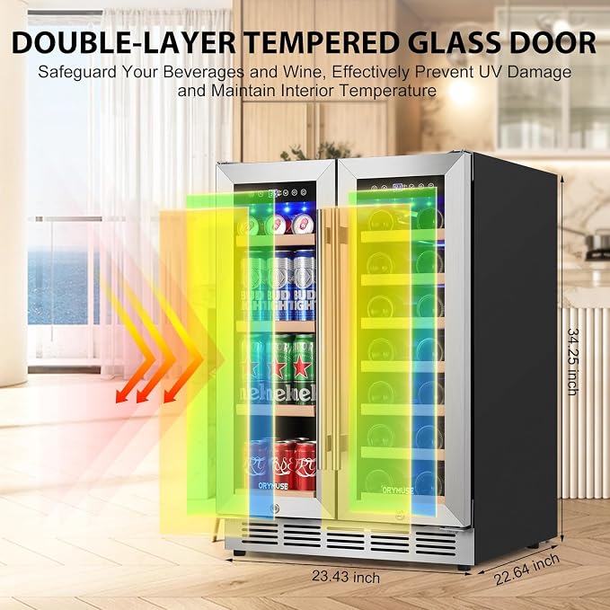 24 Inch Dual Zone Wine and Beverage Refrigerator, Built-in or Freestanding Cooler with French Doors, Under Counter Drink Fridge with Upgraded Compressor for Beer, Wine, and Soda - Image 5