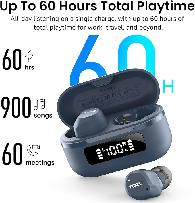 TOZO NC9 Hybrid Active Noise Cancelling Wireless Earbuds, 60H, LED Display | 6 Mic ENC Clear Calls, Deep Bass Sound, IPX8, in Ear Bluetooth 5.3 Headphones,32 EQs via APP, Comfort Fit Ear Buds, Blue - Image 4
