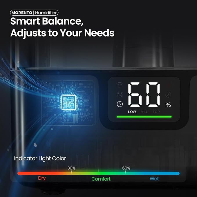 MORENTO Smart Humidifiers for Bedroom Large Room Home, 6L Cool Mist Top Fill Humidifier with Essential Oil Diffuser, Smart App & Voice Control, for Nursery & Plants, Black, 1 Pack + 7 Color NightLight - Image 4