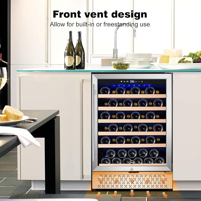 24 Inch Wine Fridge, 54 Bottles Wine Refrigerator, Under Counter or Freestanding, 40-65°F, Lock, Double Layer Tempered Glass Door, Wine Cooler Refrigerator with Adjustable Wooden Shelves - Image 5