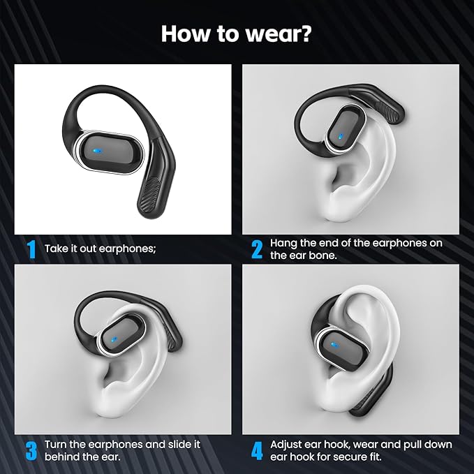 Open Ear Wireless Earbuds Bluetooth Headphones, 80H Playtime Stereo Ear Buds with ENC Noise Cancelling, Fast Charging, IPX7 Waterproof Sports Earphones with Earhook for Running/Workouts (Black) - Image 4