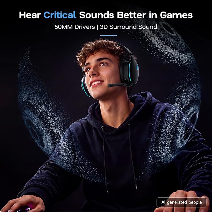 AOC 2.4GHz Wireless Gaming Headset for PS5, PS4, PC, Switch, 45Hr, Black | Bluetooth 6.0 Gaming Headphones with Noise Canceling Mic, 7.1 Virtual Surround, Great for Fortnite & Call of Duty/FPS Gamers - Image 3