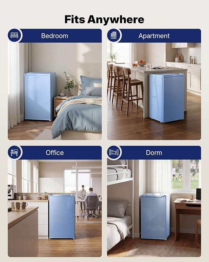 Upstreman 3.2 Cu.Ft Mini Fridge with Freezer, Blue-BR321 | Adjustable Thermostat, Energy Saving, Low Noise, Reversible Door, Small Refrigerator for Dorm, Bedroom, Office - Image 8