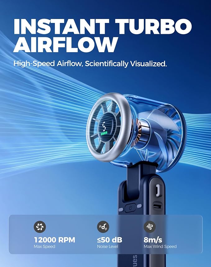 Diveblues Portable Handheld Turbo Fan, 5 Gear Wind, Battery Operated, Up to 12 Working Hours, 3 IN 1 Hand Fan with Air Turbo Tech Cooling Fan for Outdoor Activities, Travel, Working - Image 8