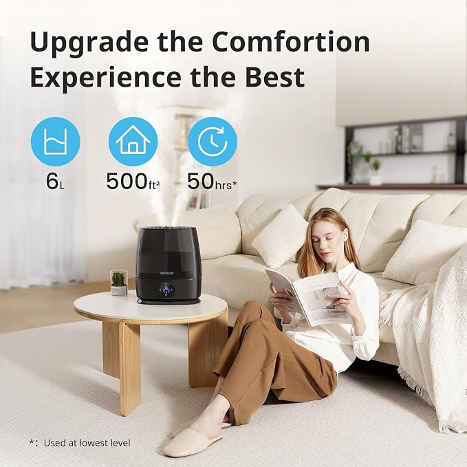 Humidifiers for Bedroom Home, 6L Cool and Warm Mist Air Humidifier for Large Room Baby Nursery, 50H Easy Clean and Top Fill, Quiet with Ultrasonic, Essential Oils, Auto Mode, for House, Black - Image 3
