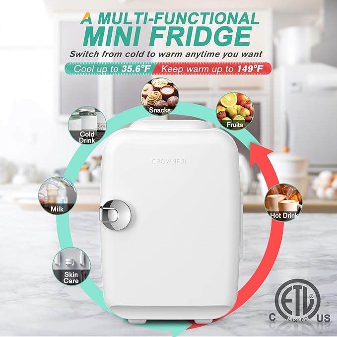 CROWNFUL Mini Fridge, 4 Liter/6 Can Portable Cooler and Warmer Personal Refrigerator for Skin Care, Cosmetics, Beverage, Food,Great for Bedroom, Office, Car, Dorm, ETL Listed (White) - Image 5