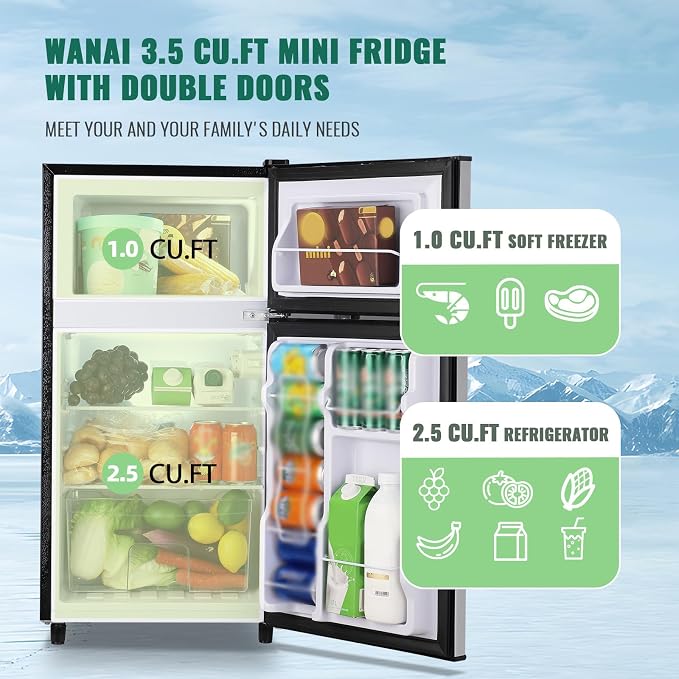 Double Door Small Refrigerator with Freezer-on-top, 3.5 Cubic Feet Mini Fridge with 7-Level Adjustable Thermostat for Office, Dorm, Bedroom, Home and Apartment, Silver - Image 2