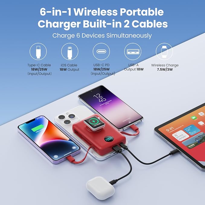 Magnetic Portable Charger for MagSafe with Built-in Cable,iWatch Charger,10800mAh Wireless Power Bank Travel Essentials,25W PD Fast Charging Battery Pack for iPhone 17/16/15/14/13/12,Apple Watch-Red - Image 3