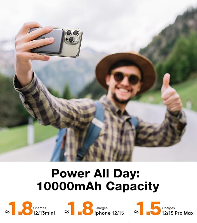 TORRAS MiniMag Power Bank,Ultra-Slim 10,000mAh Magnetic Wireless Portable Charger, 22.5W Fast Charging iPhone Air Magnetic Battery Pack Designed for iPhone 17 Pro Max/17 Pro/Air/16/15/14/13/12, Gray - Image 6