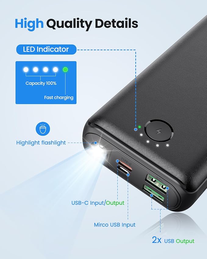 Portable Charger Power Bank 30000mAh USB C 22.5W Fast Charging External Battery Pack PD QC4.0 with Flashlight 3 Outputs & 2 Inputs Battery Bank for iPhone Samsung Galaxy iPad etc (Black) - Image 5