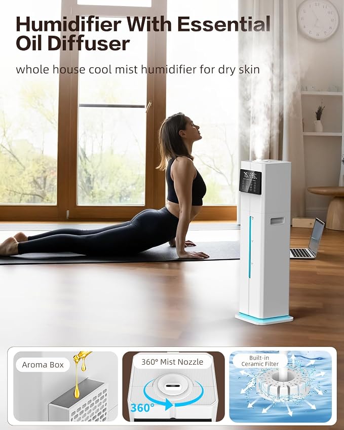 Cool Mist Humidifiers for Bedroom, Ultrasonic 2.4Gal 9L Quiet Top-Fill, Easy Clean with Essential Oil Tray, 360°Nozzle, 4 Speed, Remote, 60H Runtime, for Baby, Adults, Plants, Home, House, Large Room - Image 8
