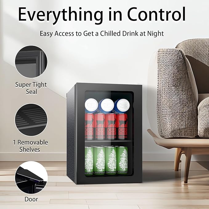 24 Can Mini Beverage Fridge, 0.9 Cu.Ft Compact Drink Refrigerator with Clear Door & Adjustable Shelves, Temperature Control, Quiet Compressor Small Refrigerator for Soda, Beer or Wine - Image 4