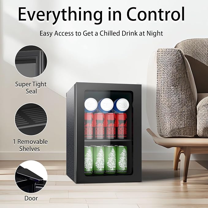 Stopasd Beverage Refrigerator Cooler, 0.9 Cu.Ft/24 Can Drink Fridge with Adjustable Shelves & Clear Door for Soda Wine Beer, Countertop Mini Fridge, Compact Design for Home/Office/Bar (40-61 ℉), Black - Image 3