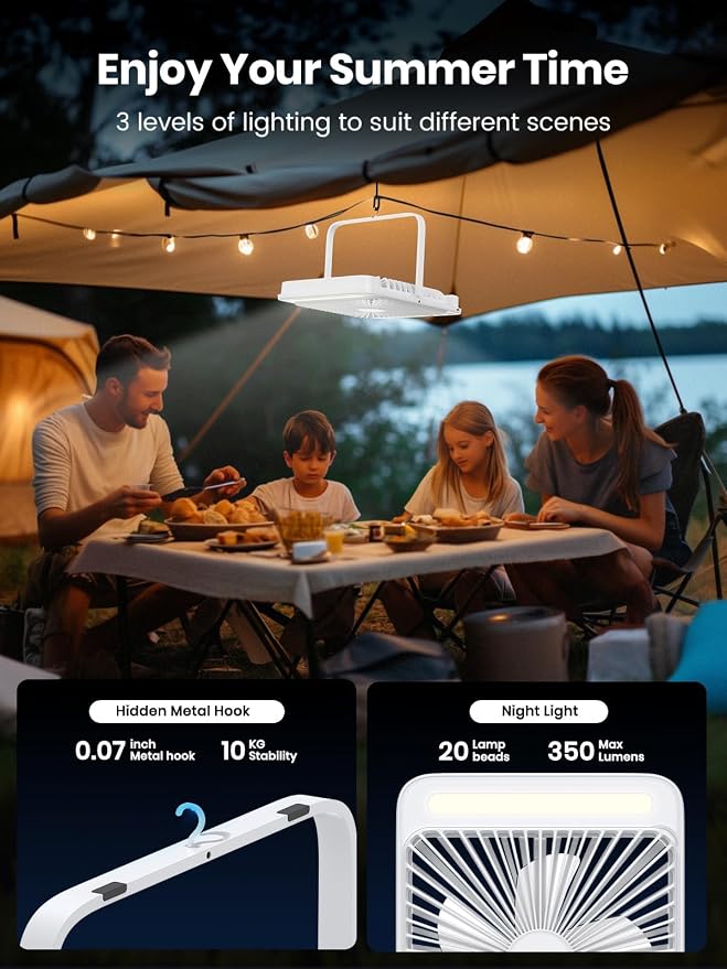 Warmco 20000mAh Battery Powered Fan, Ultra-Slim 8-Inch Portable Camping Fan with LED Lantern, Up to 48H Runtime Rechargeable Desk Fan for Bedroom, Outdoor, Tent, Travel, Cruise Ship Essentials - Image 3