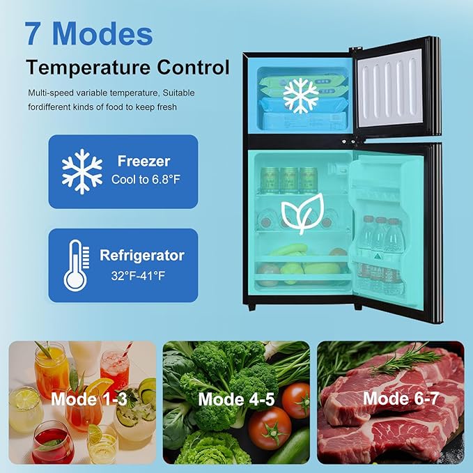 Cucina Magica Mini Fridge with Freezer, 3.2 cuft Small Refrigerator, 7 Adjustable Thermostat, Energy Saving, Low Noise, Double Door Compact Refrigerator for Dorm, Bedroom, Office - Silver - Image 4