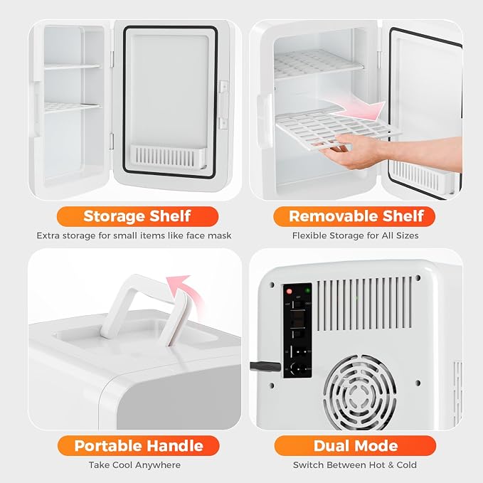 OSTBA 10L Mini Fridge, 10 Liter/15 Cans Mini Fridge for Bedroom, 110V AC/ 12V DC Thermoelectric Cooler and Warmer, Portable Mini Fridge for Skincare, Makeup, Drink, Car, Office, Bedroom, Dorm, White - Image 4