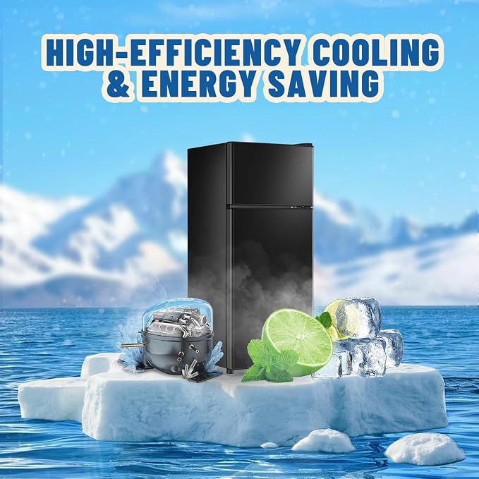 55L Capacity Black Refrigerator with Freezer Double Door Mini Fridge Small Apartment Refrigerator with 7 Adjustable Temp Control - Image 3