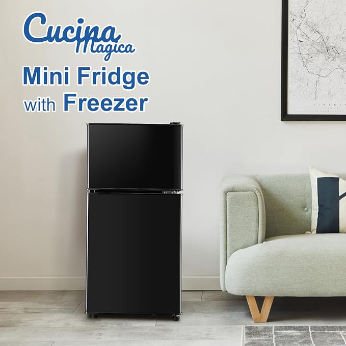 Mini Fridge with Freezer, 3.2 cuft Small Refrigerator, Compact Refrigerator | Double Door, 7 Adjustable Thermostat, Energy Saving, Low Noise, for Dorm, Bedroom, Office - BLACK - Image 2
