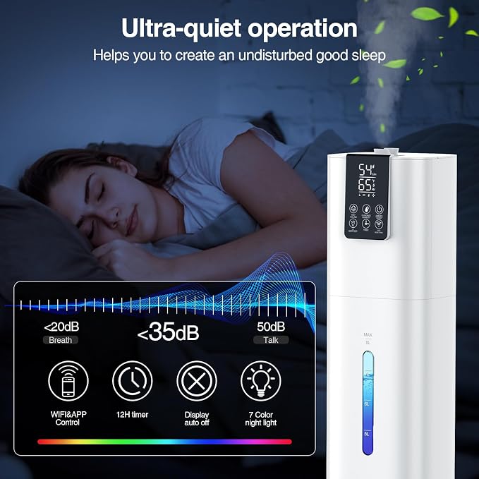 Smart Humidifiers Large Room Bedroom Home,2.11Gal(8L) Quiet Top Fill Cool Mist Humidifier,Smart App & Remote Control, 3 Speed Humidifier with 360°Nozzle,Humidity Setting for Baby Office Plant(White) - Image 7