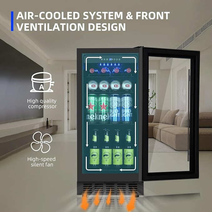 ORYMUS 15 Inch Beverage Refrigerator, 130 Cans Drink Fridge with Glass Door & Lock, Under Counter or Freestanding Beverage Cooler for Soda, Beer & Water, Upgraded Quiet Compressor, Memory Temp, Black - Image 4