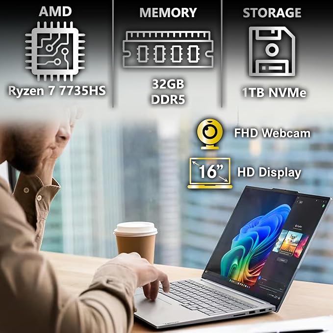 Lenovo ThinkBook 16 G7 Business Laptop, 16” FHD+, AMD Ryzen 7 7735HS, 32GB DDR5, 1TB NVMe, WiFi 6E + BT, Backlit KB, Fingerprint Reader, HD Webcam, Win 11 Pro - Image 3