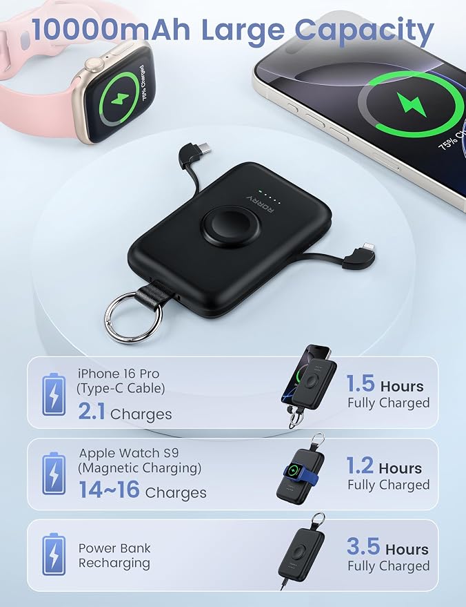 RORRY Portable Charger, 10000mAh PD 20W Fast Charging Portable Charger Power Bank with Built in Cables, Travel Battery Pack for iPhone and Apple Watch Ultra/11/10/9/8/7/6/5, Black - Image 5