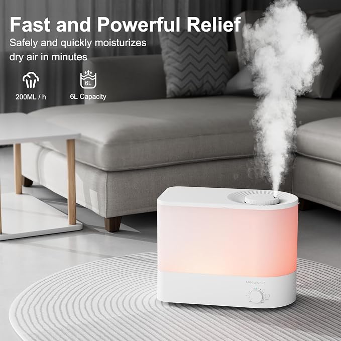 MEGAWISE 2025 Large Capacity Humidifier, 6L Top Fill Design, 50H Runtime, Ultra Quiet Large Capacity Cool Mist for Bedroom, Baby Nursery, Plants, Indoor, Easy to Clean & Fill (White) - Image 2