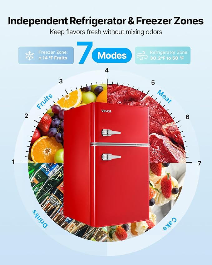 VEVOR 3.2 Cu.Ft Mini Fridge with Freezer, Dual Zone Compact Refrigerator, 7-Mode Adjustable Temp, Energy Efficient Low Noise Dorm Fridge, Small Refrigerator for Bedroom, Office, Retro Red - Image 4