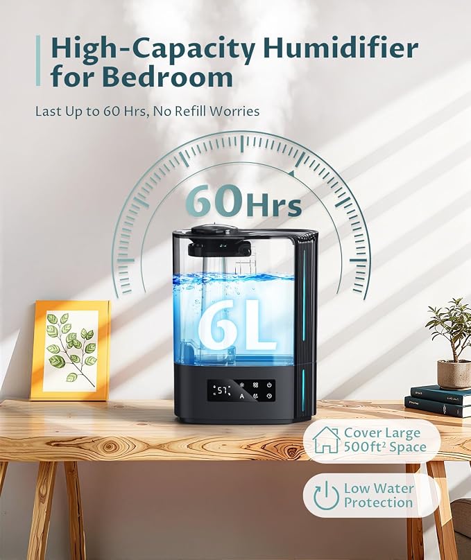 BREEZOME 6L Humidifiers for Bedroom Large Room & Essential Oil Diffuser, Ultrasonic Top Fill Cool Mist Humidifiers for Baby, Plants, Nursery Last up to 60 Hours, Smart Humidistat Control, Quiet, Black - Image 2