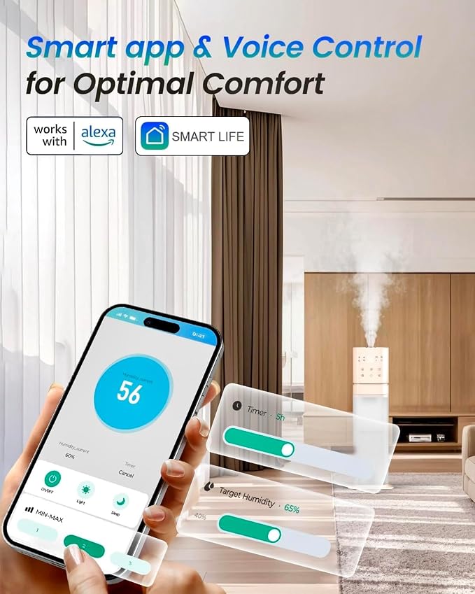 Smart Humidifier Large Room, 2.1Gal/8L Humidifiers for Bedroom with Extended Tube&Night Light, Whole House Cool Mist Humidifiers, WIFI App&Voice Control, Home/Kids/Baby, Pale Pink - Image 3