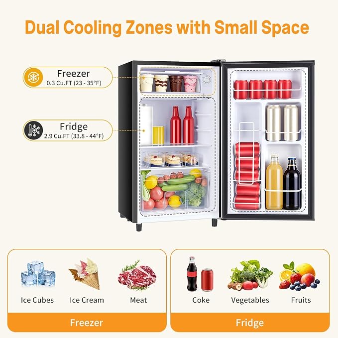 NEWBULIG Mini Fridge with Freezer 3.2 Cu.Ft Small Refrigerator for Office, Dorm, Small Fridge with Adjustable Thermostat, Energy Saving, Dual Door, Black - Image 7