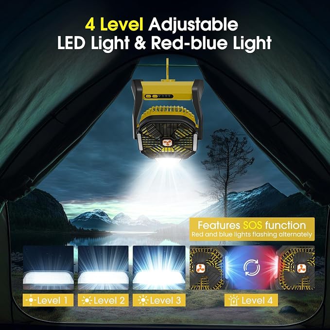 Portable Rechargeable Fan, 20000mAh Cordless Battery Powered Camping Tent Fans with SOS & LED Lantern, Small USB C Operated Outdoor Ventilador for Fishing Travel Camp Picnic Beach Office Desk Home - Image 5