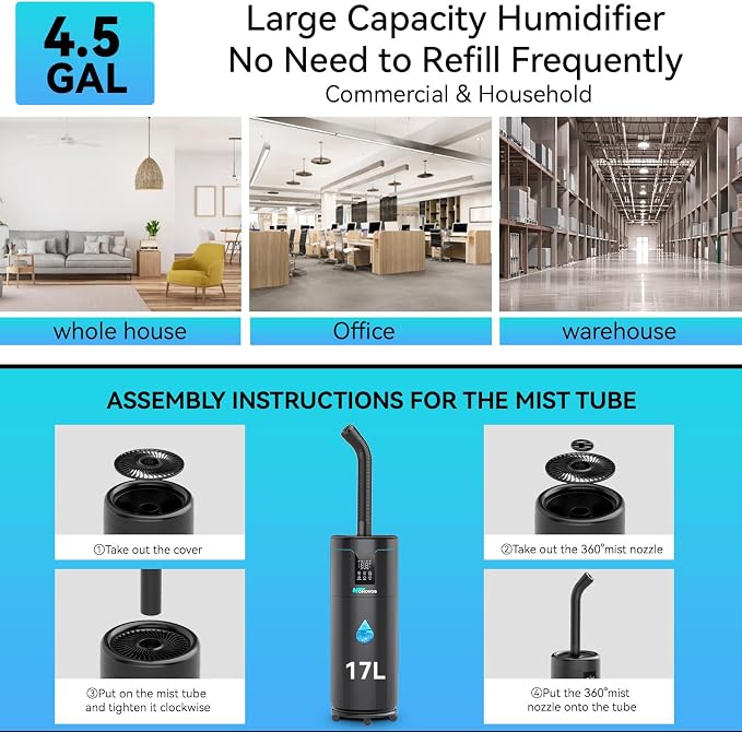 Humidifiers for Large Room Home Bedroom 2000 sq.ft. 17L/4.5Gal Large Humidifier with Extension Tube & 4 Speed Mist,Top Fill Wholehouse Humidifier with 360°Nozzle for Plant Commercial Greenhouse(Black) - Image 8